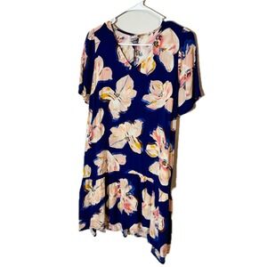 A New Day Navy Blue Floral V-Neck Short Sleeve Ruffle Hem Mini Shift Dress S